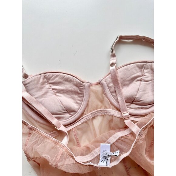 I.D. SARRIERI Light Pink Mesh Swarovski Rhinestone Thong Bodysuit, Size M - Picture 9 of 16